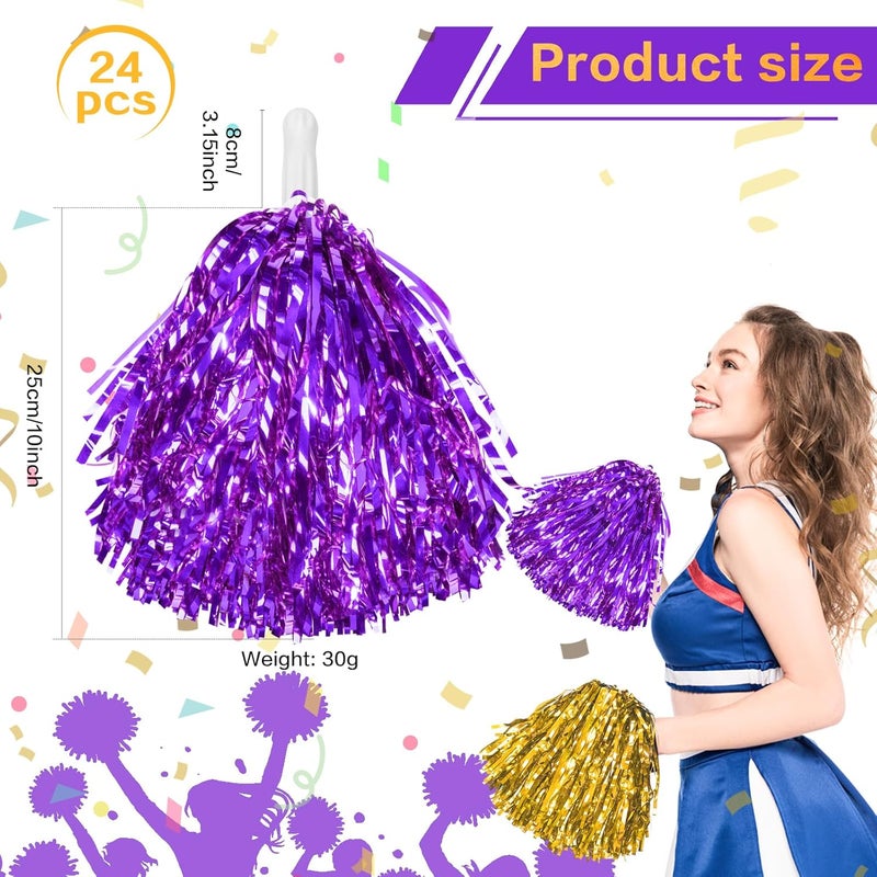 DILIBRA 24 Pcs Metallic Cheerleading Pom Poms for Kids, Cheerleaders Cheer Pom Poms with Baton Handle, Cheering Squad Hand Flower for Adults Team Spirit Sports Game Dancing Party - Image 2